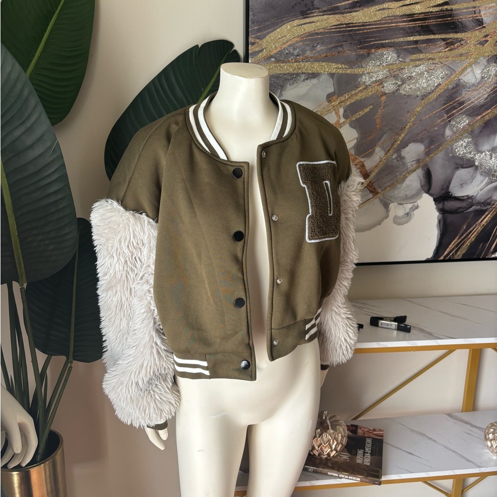SHEIN Olive Green Varsity Jacket with Cream Faux Fur Sleeves